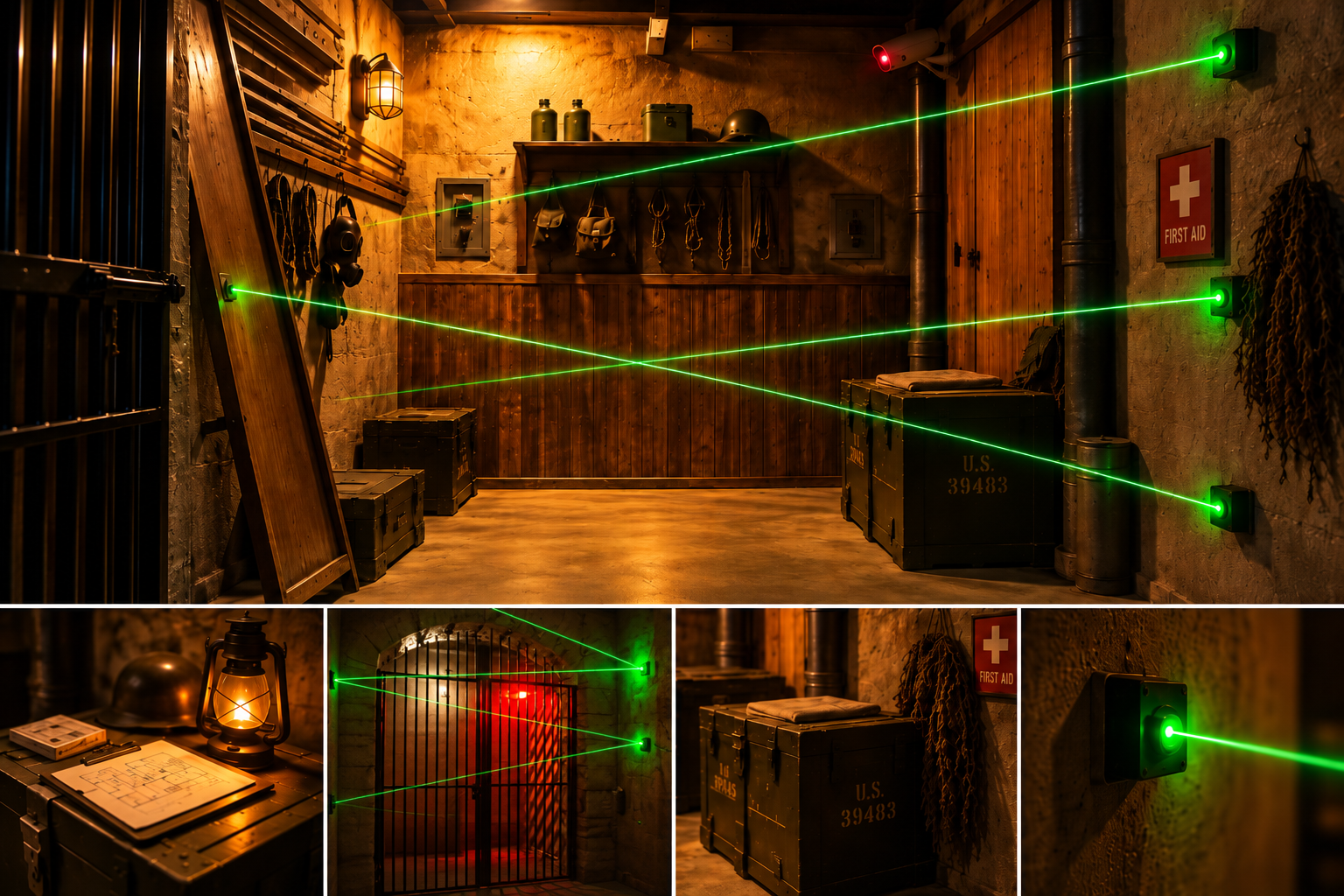 Military bunker escape room featuring a glowing green laser puzzle, supply crates, and a barred gate
