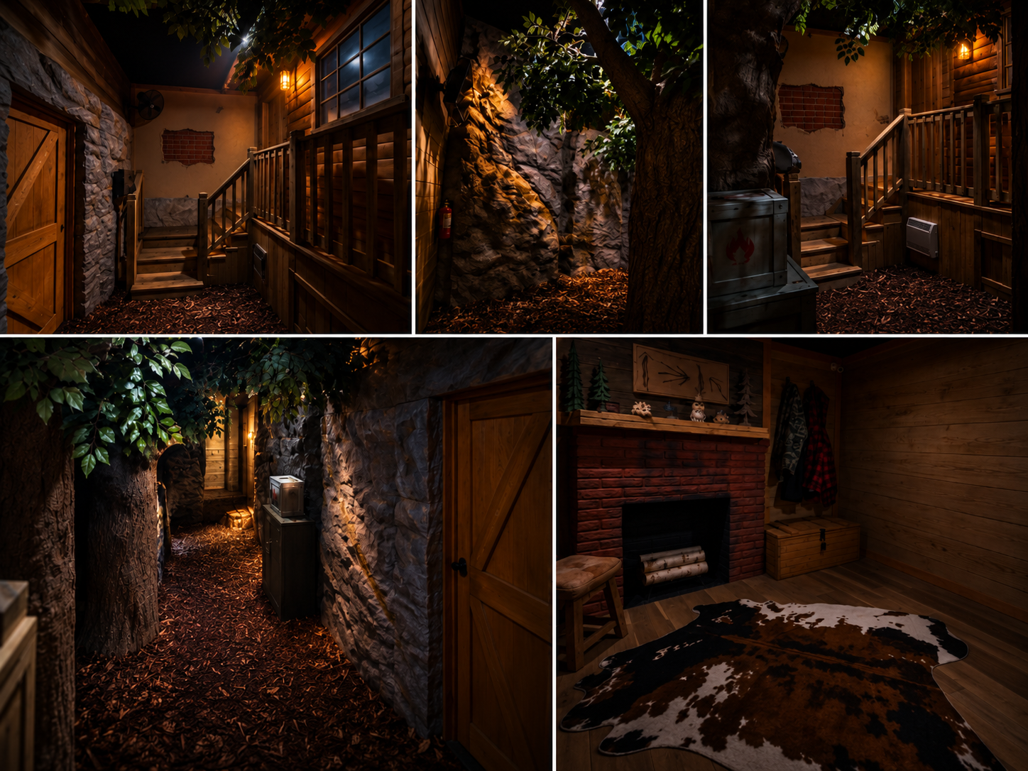 Woodland escape room with timber stairs, rockwork, a forest passage, and cabin details