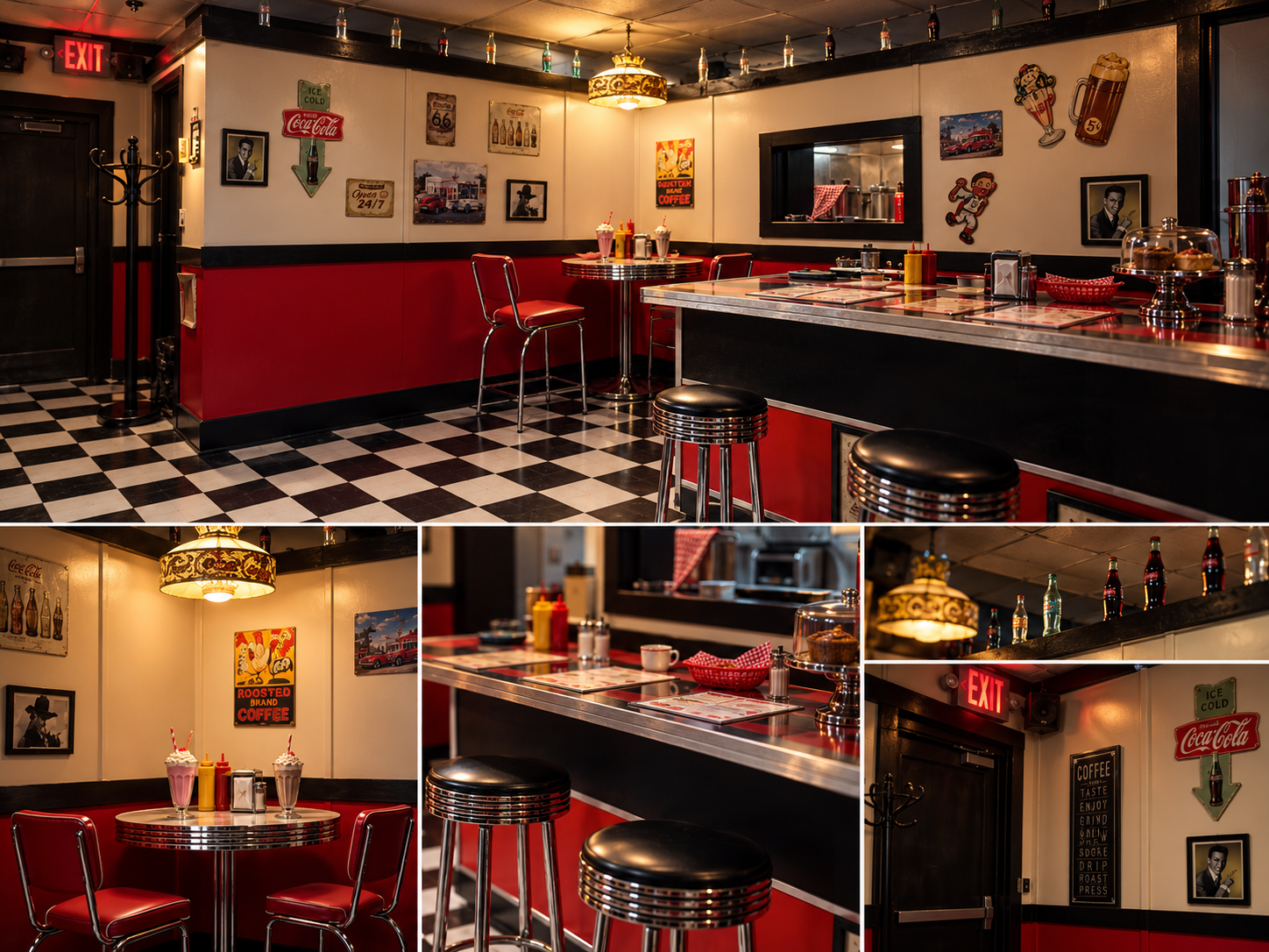 Retro diner escape room with a red counter, checkered floor, and detailed booth and counter views