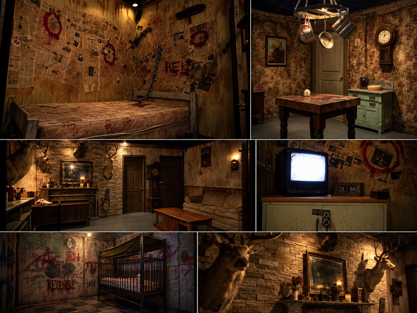 Atmospheric escape room scenes including a distressed bedroom, vintage parlor, and old television