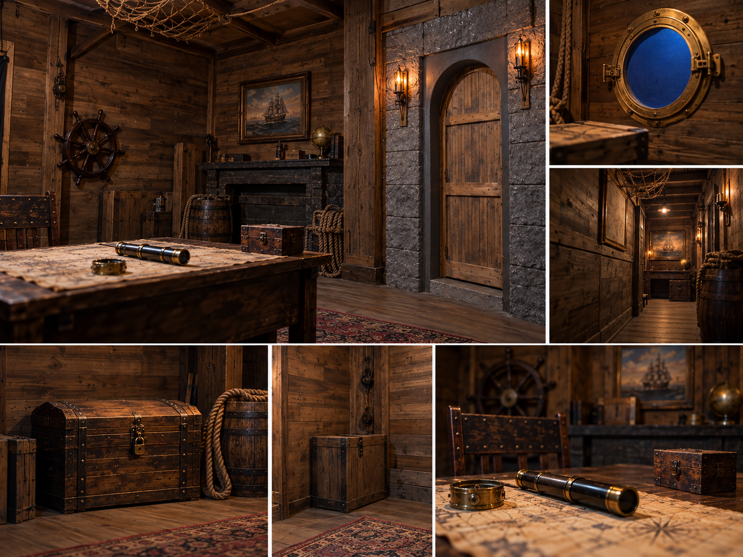 Tropical pirate cove escape room with weathered dock pilings, ship rigging, and treasure details