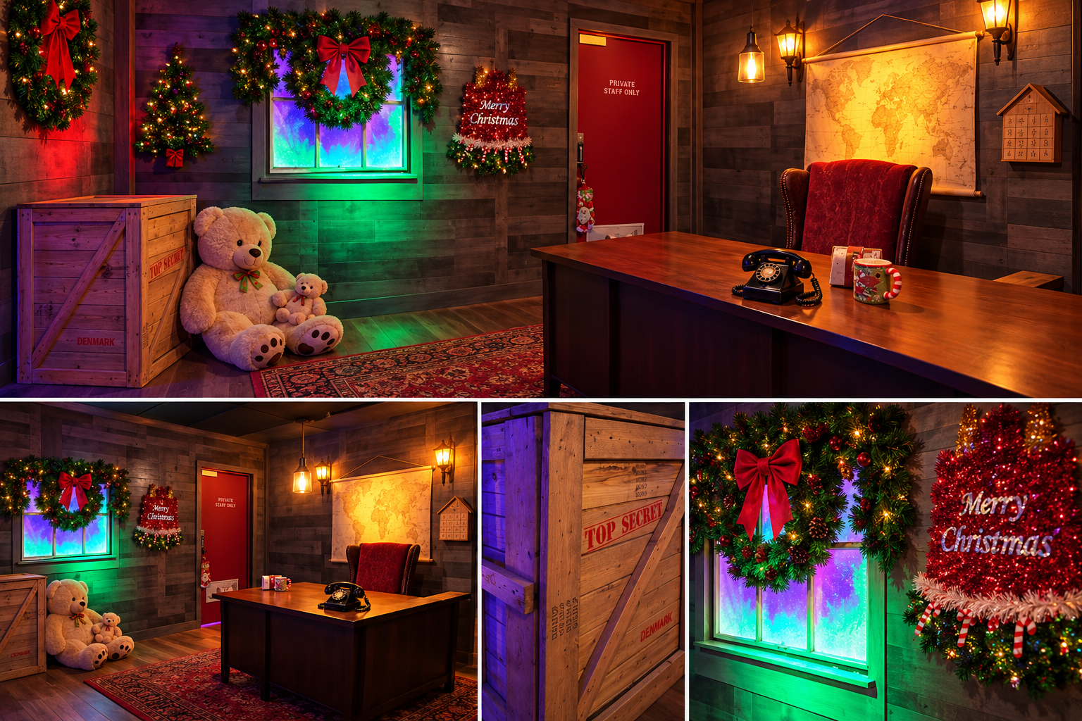 Colorful workshop-themed escape room with a desk, crates, holiday decorations, and glowing windows